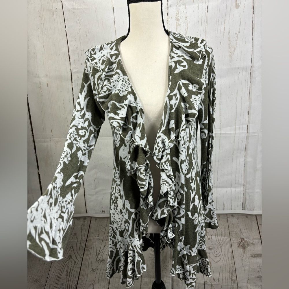 Renee Cardigan Open Front Ruffled Cardigan in Olive Green Abstract Floral